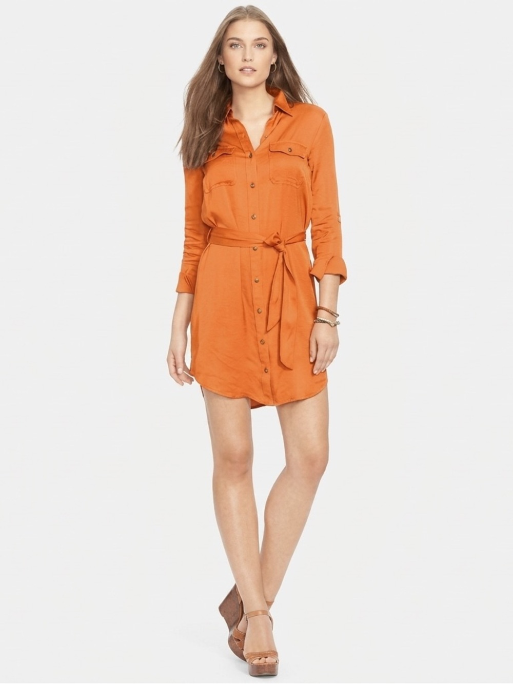 Lauren Ralph Lauren Viscose Belted Military Shirtdress in Fire Orange Sz. 2